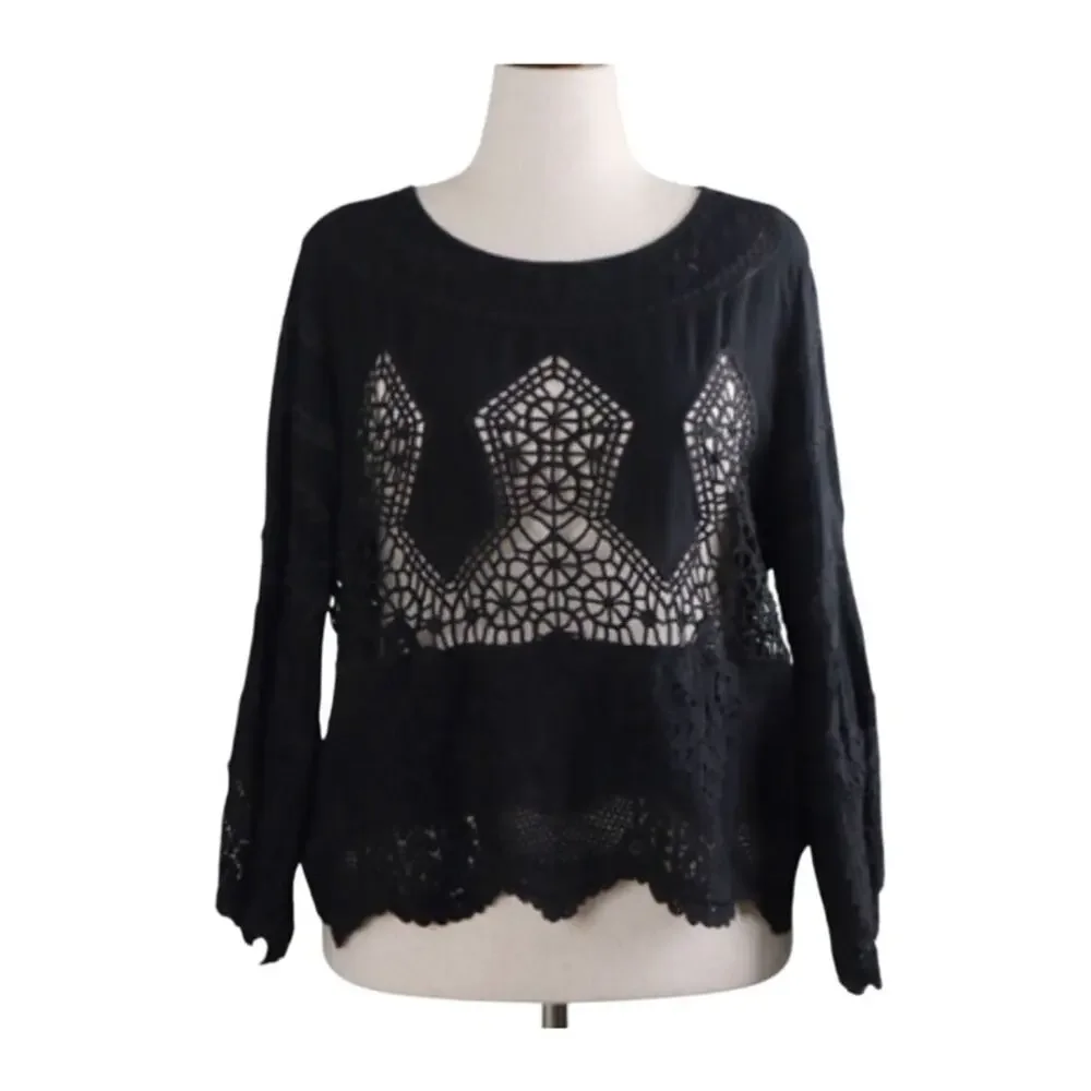 Soft Surrounding Bohemian Black Lace Crochet Top Petite XL